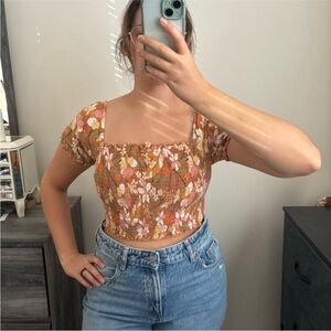 Orange Floral Aerie Square Neck Crop Top with Puffy Sleeves Size Small